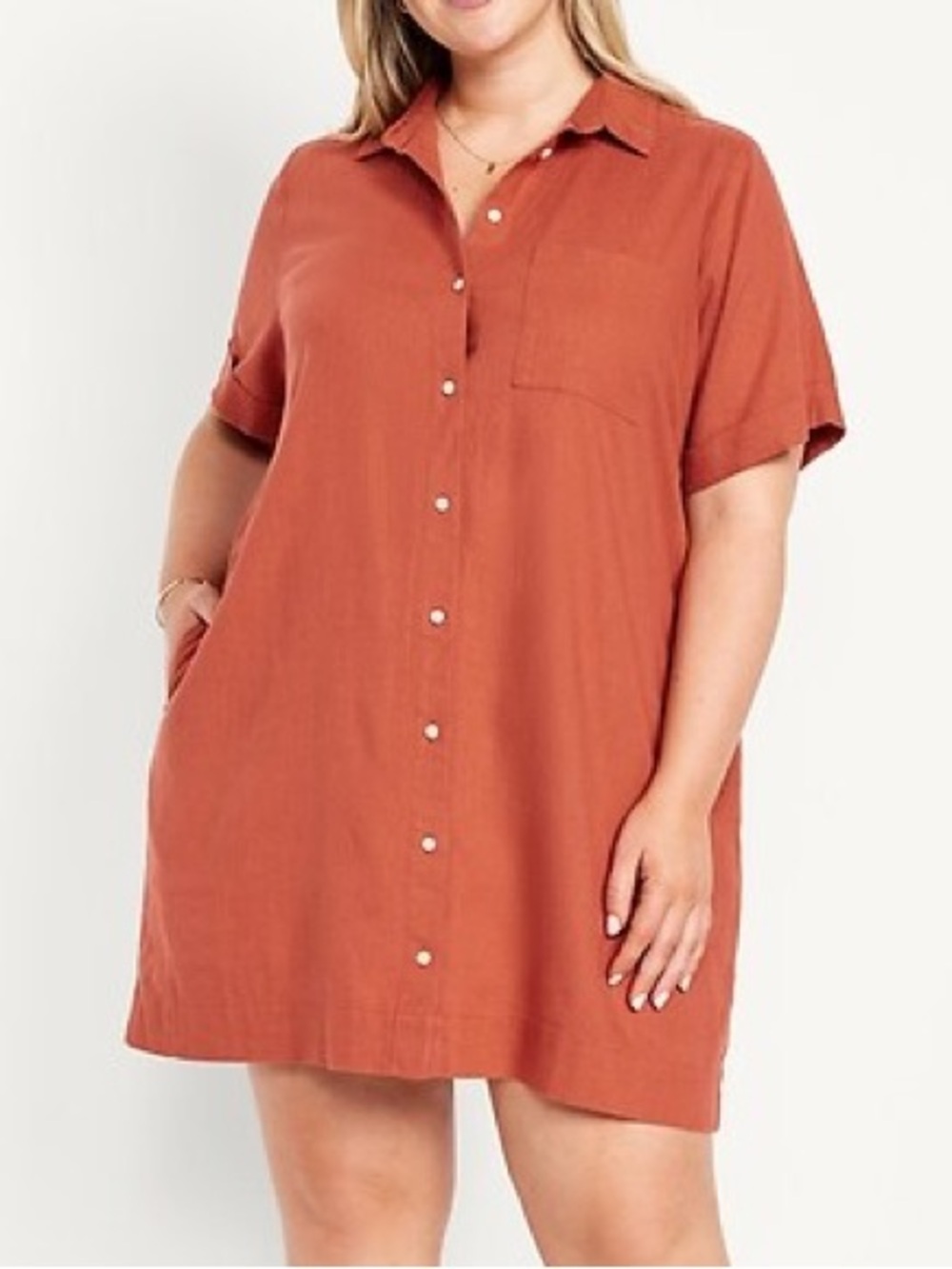 Old Navy Linen Rayon Rust Button Front Pockets Shirt Dress Size M Lightweight